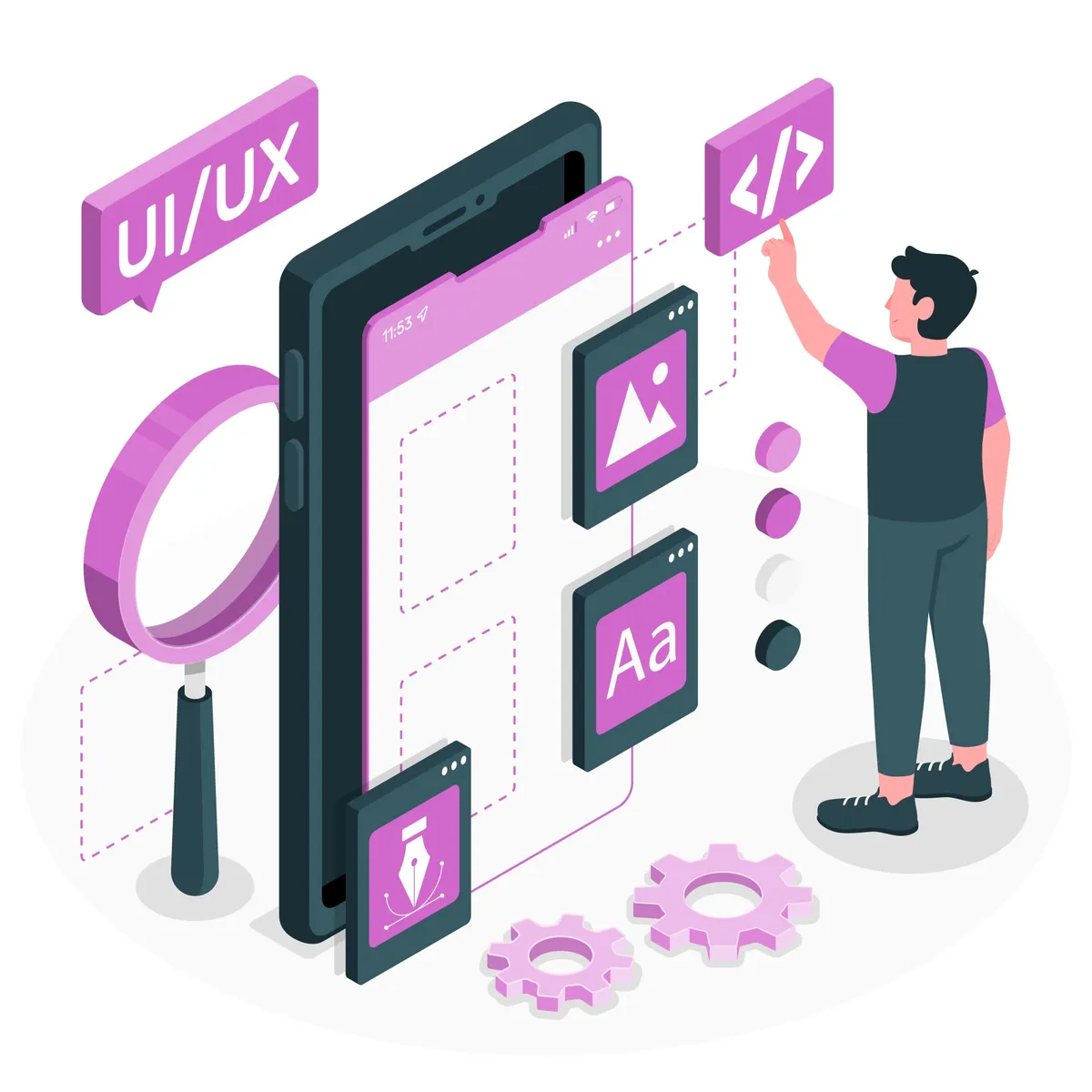 Illustration of a person designing a mobile UI/UX interface