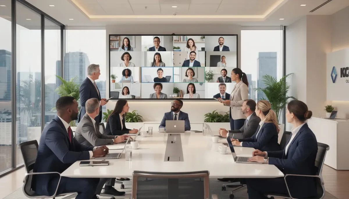 The image shows a diverse group of business professionals engaged in a video conference call within a modern office setting, with a large screen displaying their remote colleagues. This scene illustrates effective collaboration and communication, essential for gathering user feedback and improving customer satisfaction.