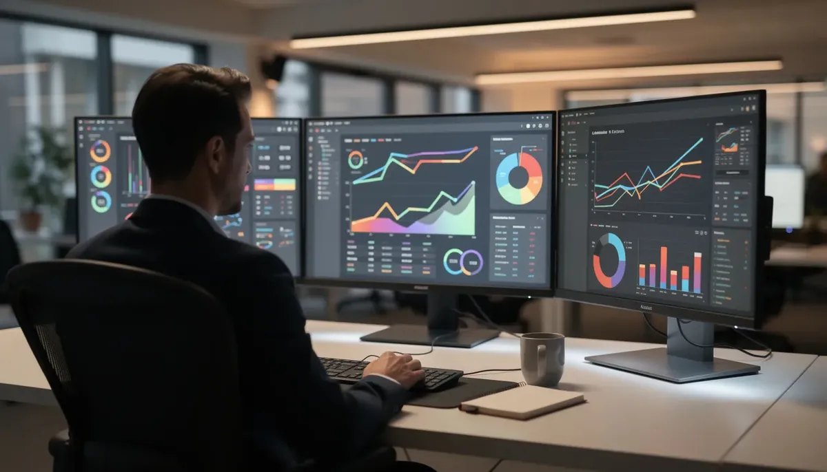 The image shows a person seated at a desk surrounded by multiple computer monitors displaying vibrant data dashboards and analytics graphs, indicating a focus on gathering user feedback and analyzing customer satisfaction metrics. The setup suggests an environment dedicated to collecting actionable insights and improving user interactions through effective feedback collection.