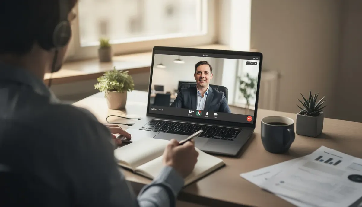 The image shows a researcher engaged in a video interview with a business executive, with the laptop screen displaying their conversation. This setup highlights the importance of qualitative research in concept testing, allowing for the gathering of actionable insights and feedback on multiple product ideas.