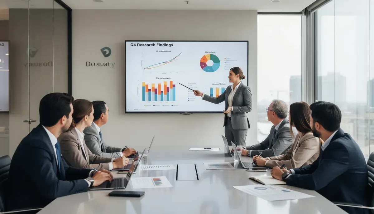 A business team is gathered in a conference room, presenting their research findings with various charts displayed on a large screen. The atmosphere is focused as they discuss the concept testing process and how it helps validate new product ideas for their target audience.