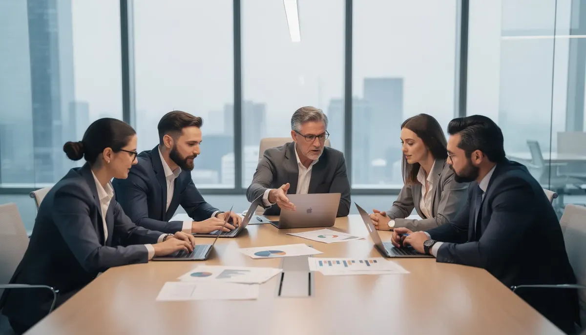 A diverse business team is collaborating around a table, surrounded by laptops and documents, as they discuss strategies to improve customer satisfaction and analyze feedback. Their focus is on gathering valuable insights to enhance customer experience and loyalty.