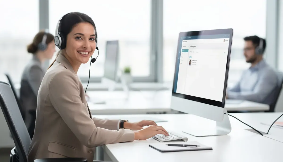 A customer service representative wearing a headset smiles while working at a computer, embodying a positive customer experience. This image reflects the commitment to customer satisfaction and highlights the importance of effective communication in understanding customer feedback and improving service quality.