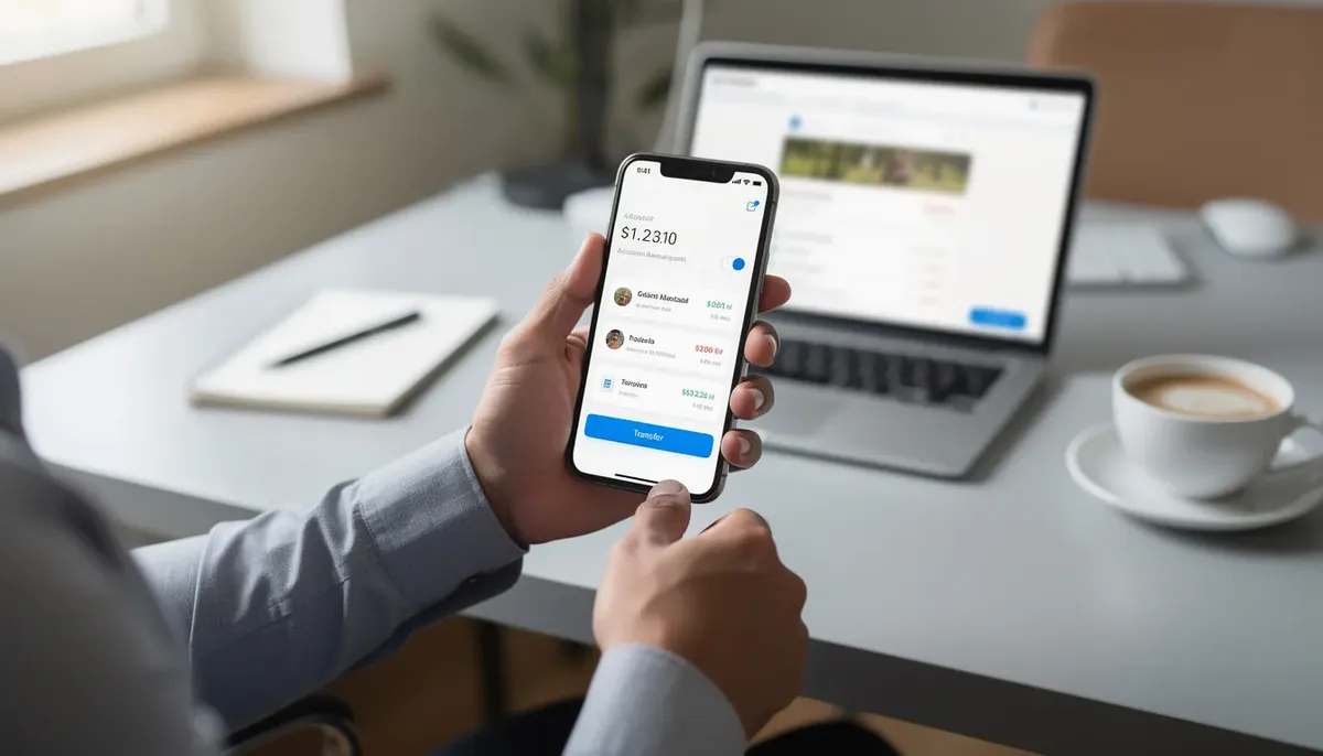 A person is sitting at a desk, using a banking app on their smartphone, engaged in managing their finances. This scene highlights the importance of a data-driven customer experience, where user behavior and customer interactions are analyzed to enhance satisfaction and streamline the customer journey.