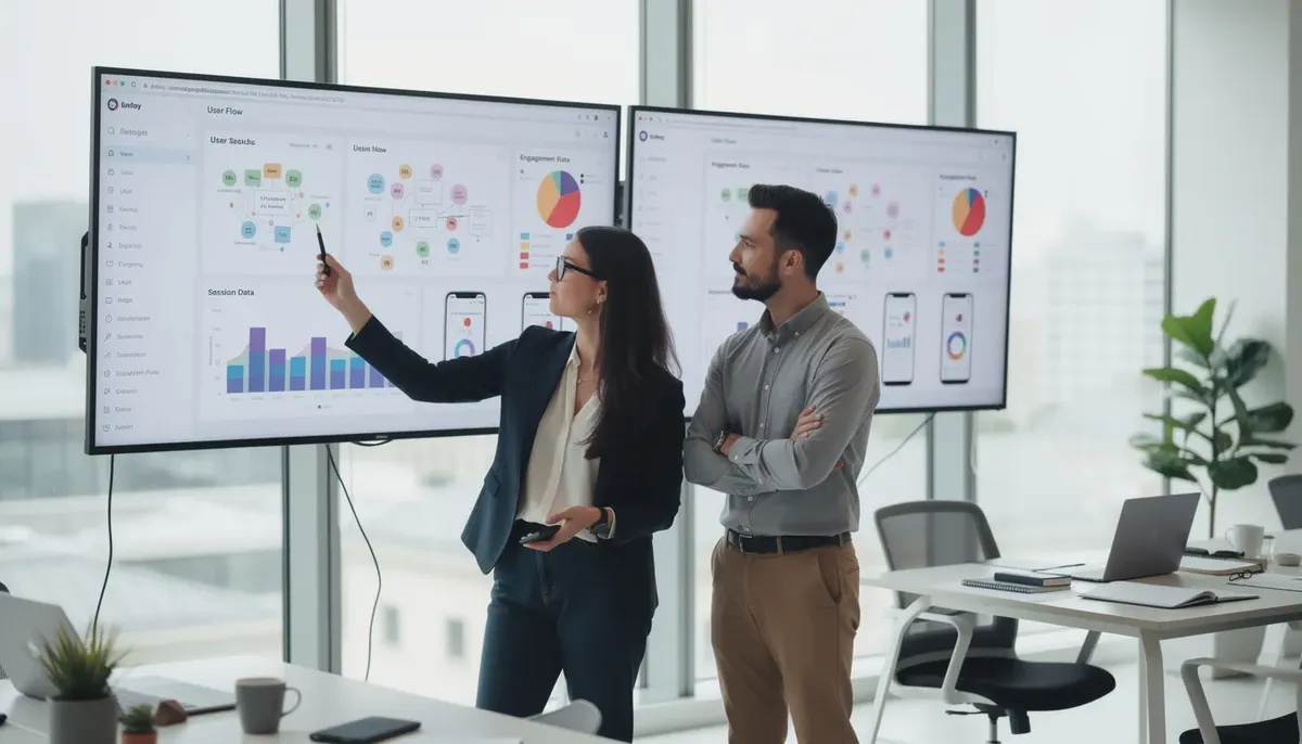 In a modern office setting, two professionals are intently reviewing user research data displayed on large monitors, engaging in discussions about user feedback and insights. This collaborative effort highlights the importance of evaluative research methods in understanding user behavior and enhancing the product development process.