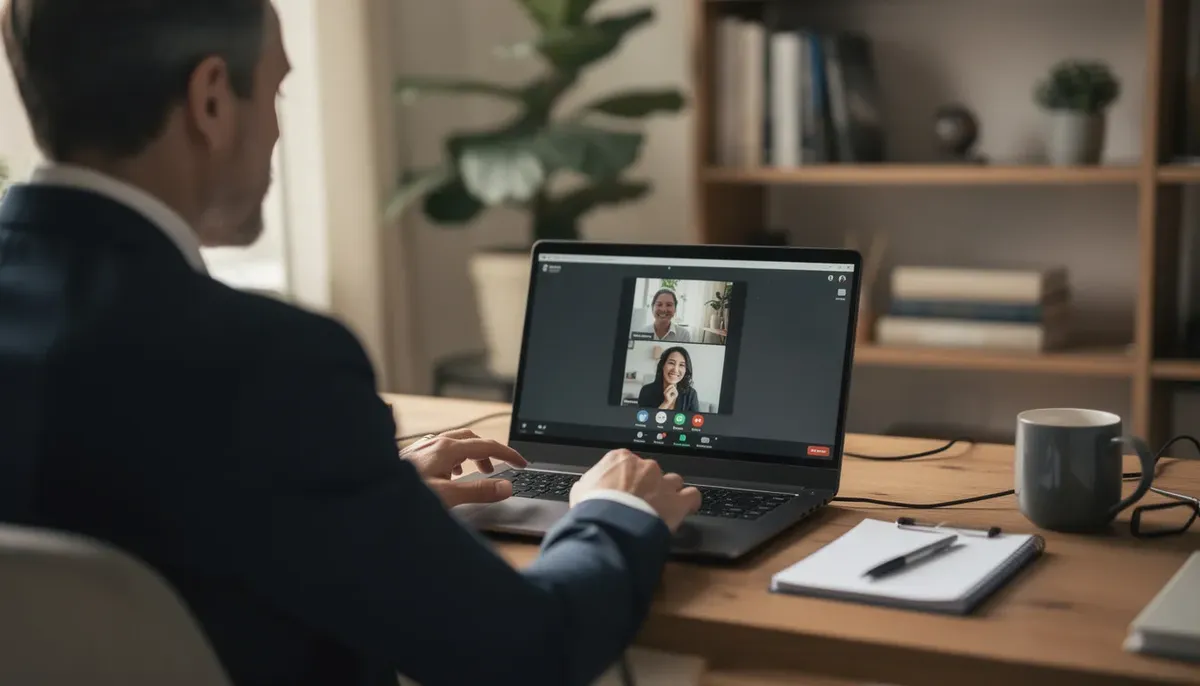 The image shows a professional conducting a video interview on a laptop in a cozy home office, emphasizing the importance of user feedback in the evaluative research process. This setting highlights the integration of qualitative and quantitative methods to enhance user experience and satisfaction.
