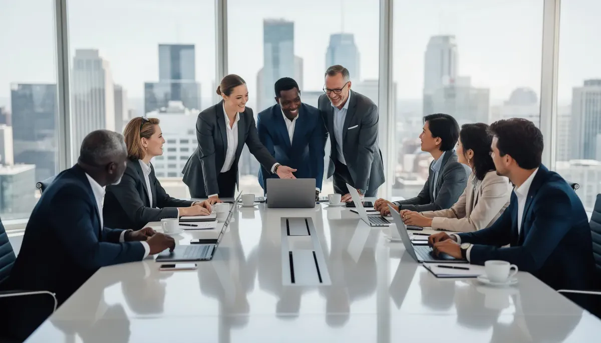 The image depicts a diverse group of business professionals collaborating around a conference table, each engaged with their laptops. This dynamic setting highlights the importance of user feedback and evaluative research methods in the product development process, as team members discuss insights to enhance user experience and satisfaction.