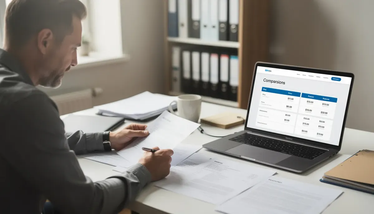A small business owner is seated at a desk, reviewing documents while a laptop displays a comparison website for business solutions. The scene captures the essence of a professional environment, highlighting the owner's focus on finding tailored services and competitive quotes for their small company.