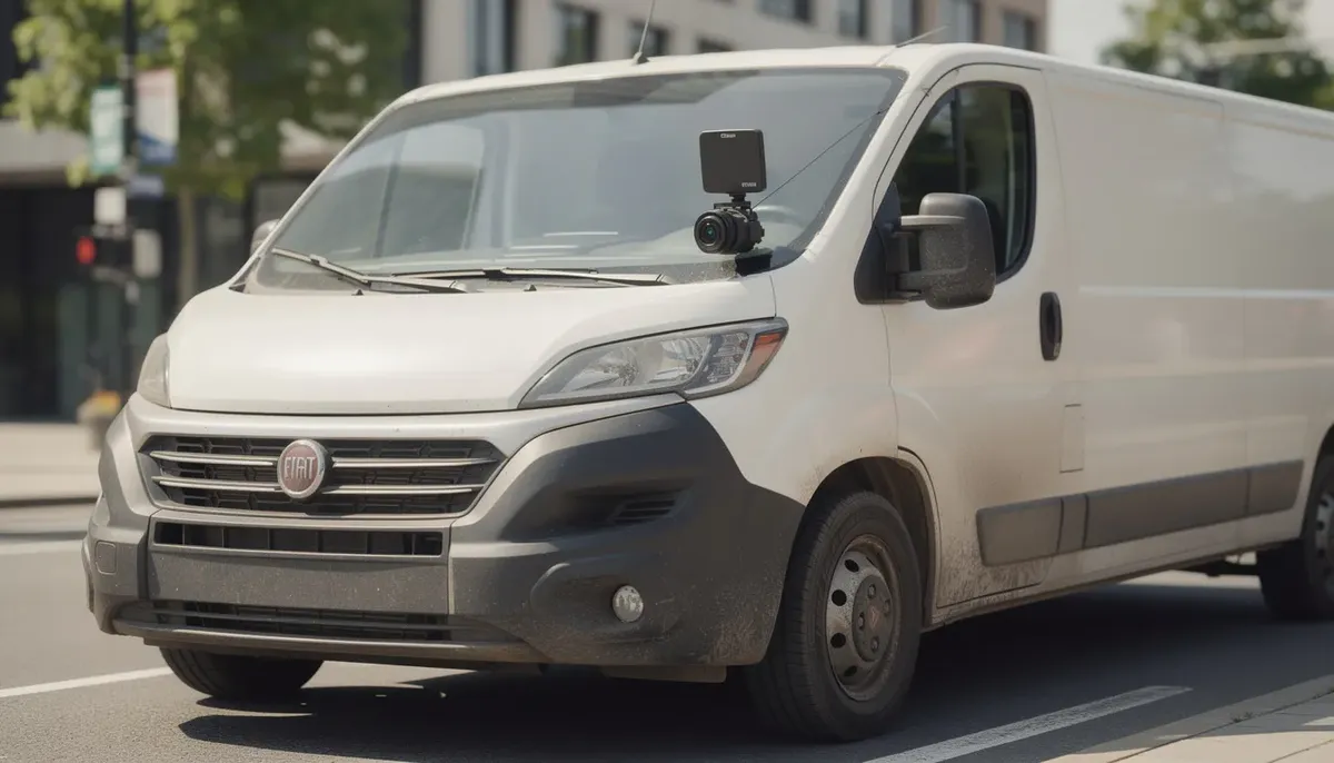 The image shows a commercial delivery van parked with a dash cam mounted on the windscreen, highlighting the vehicle's focus on safety and accountability in business transportation solutions. This setup is essential for small companies looking to enhance their operational efficiency and protect their assets.