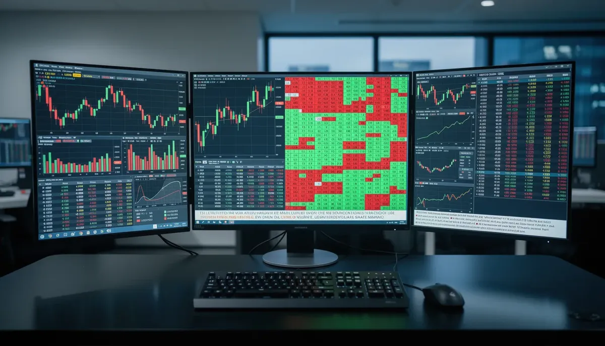 The image depicts a financial trading terminal featuring multiple screens that showcase real-time stock data, providing invaluable insights for institutional investors and retail traders. This setup highlights the competitive nature of the market, where clients can access tailored business solutions and highly competitive quotes to inform their trading decisions.