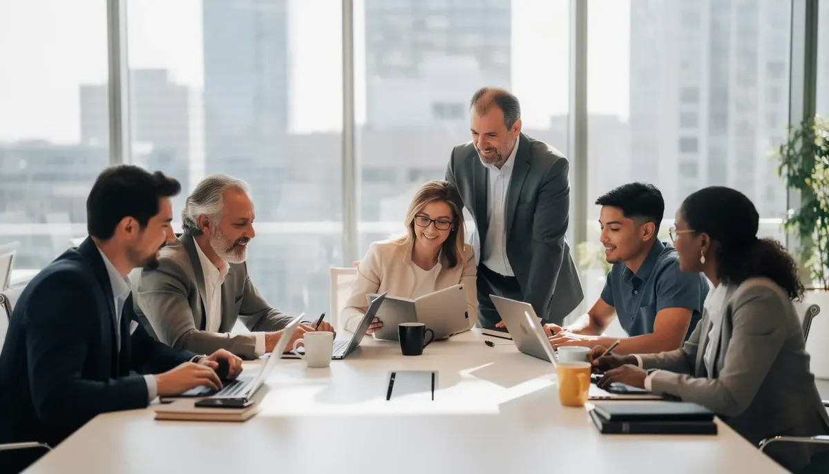 A group of professionals is collaborating around a conference table, each with laptops open, discussing business solutions and strategies. The atmosphere is focused and dynamic, reflecting the importance of teamwork in navigating the highly competitive market for institutional investors and small companies.