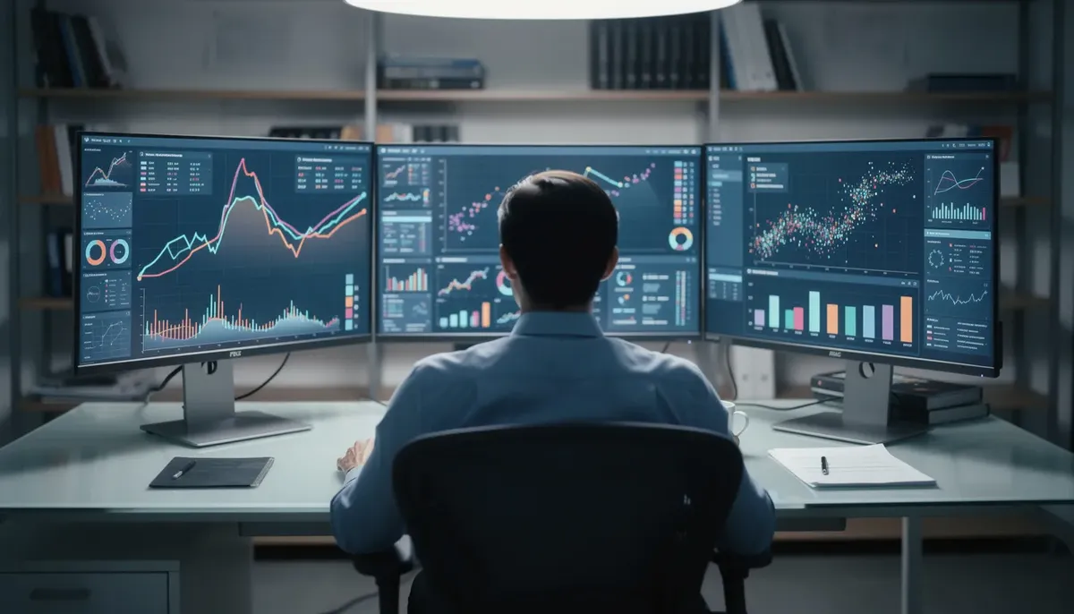 A researcher is focused on analyzing various charts and data visualizations displayed across multiple computer screens, which likely include findings related to genetic correlation estimates and participant bias in survey research. The environment suggests a deep dive into data collection methods that address potential biases and significant differences in mental and physical health outcomes among different target populations.
