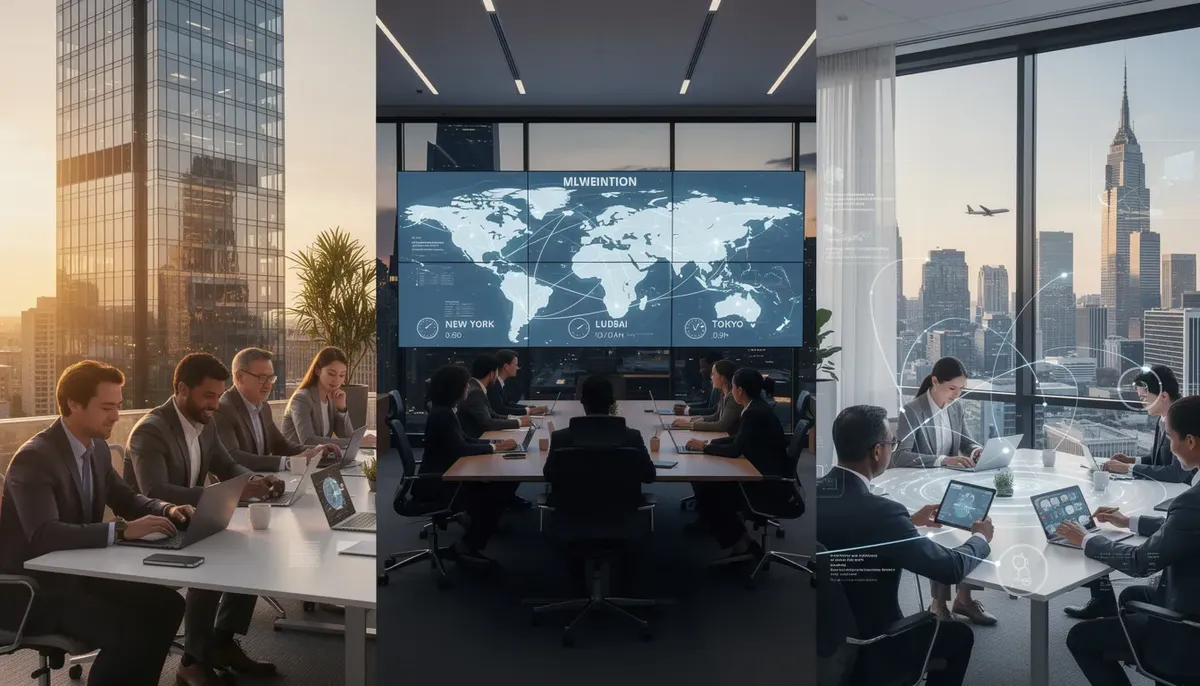 The image depicts a global network of diverse business professionals connected through digital devices, symbolizing collaboration across various cities and time zones. This interconnectedness highlights the significance of social desirability bias in survey research, as professionals engage in discussions that may influence their participation probability and response rates.