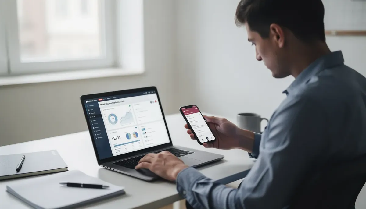 The image depicts a person intently using a laptop while simultaneously checking their phone, illustrating the concept of multi-channel research behavior. This scene highlights the importance of understanding user personas and their interactions across different devices, providing valuable insights into user behavior for effective marketing strategies.