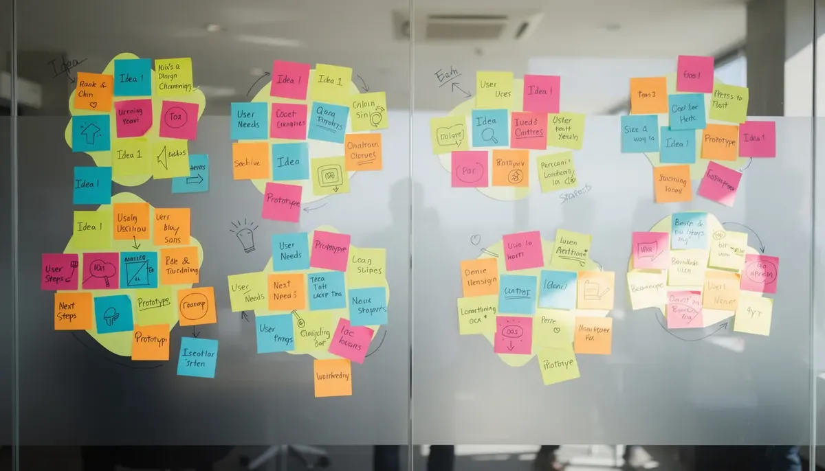 The image features a vibrant display of colorful sticky notes clustered on a glass wall, symbolizing the output of a workshop focused on user research and persona creation. These notes likely represent various user personas, pain points, and insights aimed at understanding target audiences and improving marketing strategies.