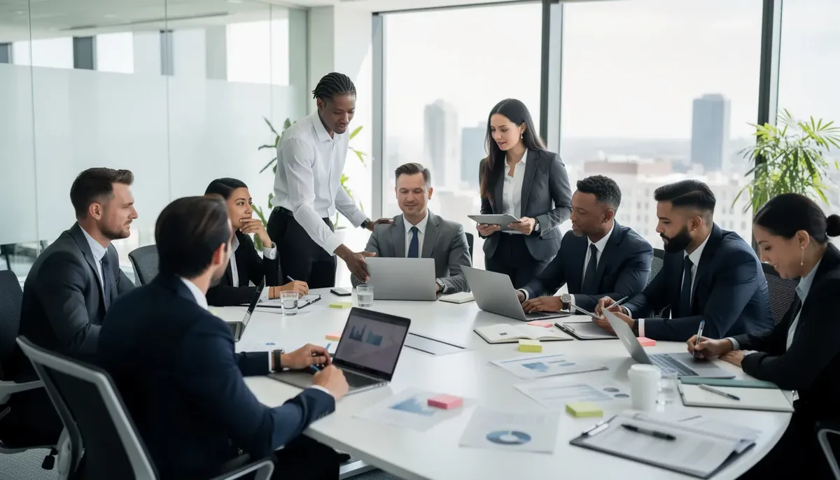 A diverse group of professionals collaborates around a conference table, engaged in positive discussions while using laptops and taking notes. This scene reflects a life-enriching tapestry woven with teamwork and shared insights, embodying the essence of positive living and optimism in everyday life.