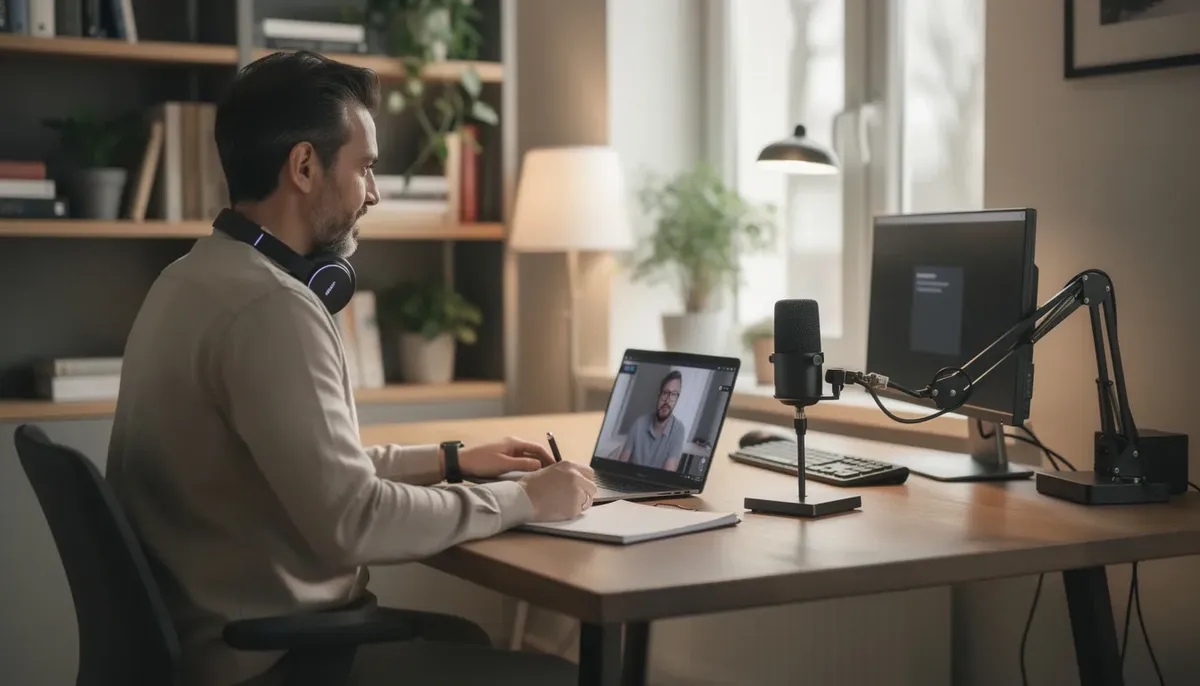 A professional is conducting a video research interview in a home office, utilizing qualitative and quantitative methods to gather user feedback for customer research. The setup includes a computer, a microphone, and various research materials, reflecting a focus on actionable insights and product strategy.