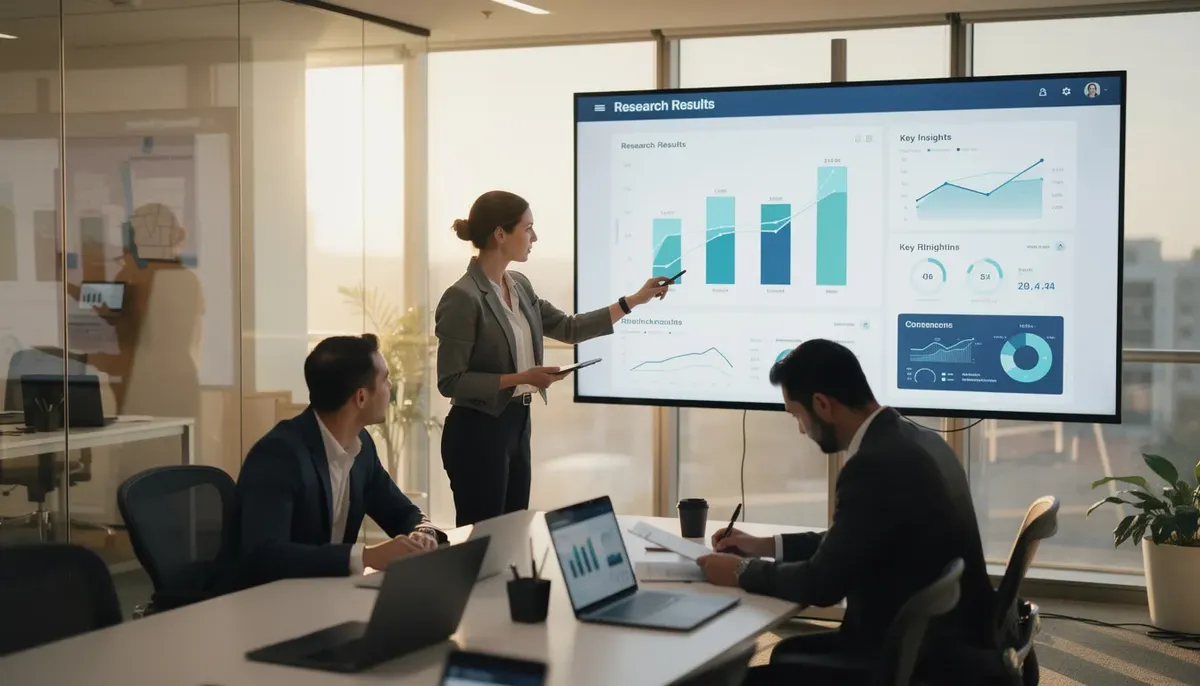 A diverse team of professionals is gathered around a large screen, collaboratively reviewing research findings related to customer research and usability testing. They are discussing actionable insights derived from both qualitative and quantitative methods to inform product strategy and enhance user satisfaction.