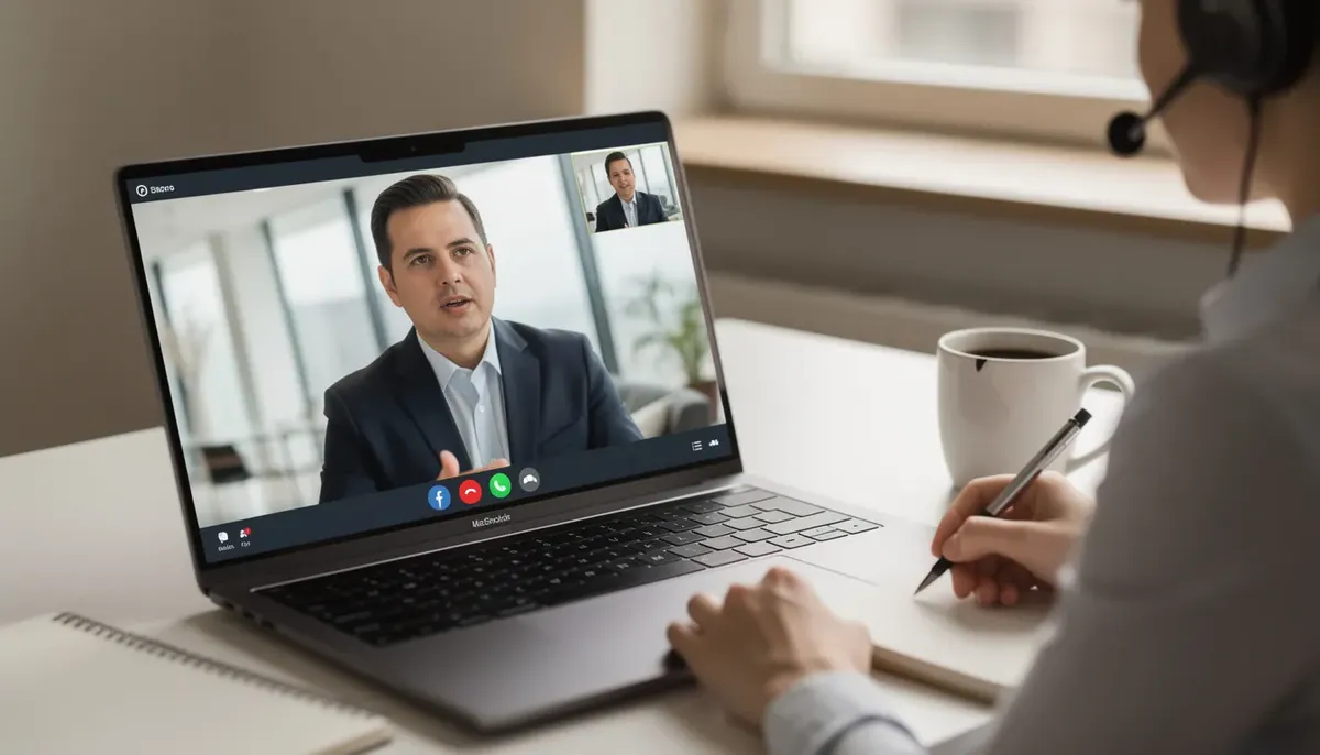 A professional researcher is conducting a video interview with a business executive displayed on a laptop screen, focusing on qualitative research methods to gather insights for their study. The scene captures the essence of the interview process, highlighting the exchange of ideas and the collection of qualitative data for in-depth analysis.