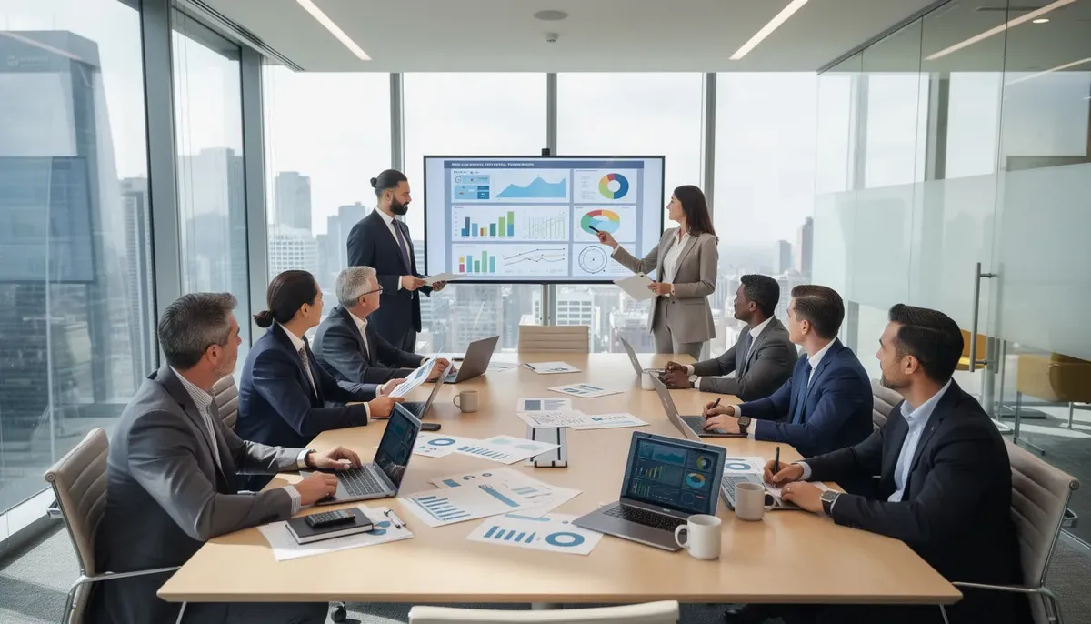 A diverse group of business professionals is engaged in a research discussion in a conference room, focusing on survey research methods and the importance of avoiding response bias to ensure accurate data collection. The atmosphere is collaborative, with participants sharing insights on how to influence survey responses and reduce inaccuracies in survey data.