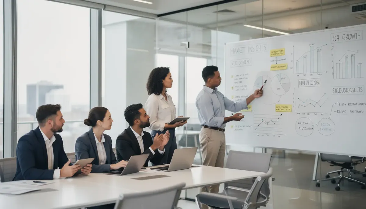 A diverse business team is gathered in a modern office, actively reviewing research insights displayed on a whiteboard. They are discussing various factors that influence survey responses, aiming to avoid response bias and ensure accurate data collection in their research efforts.