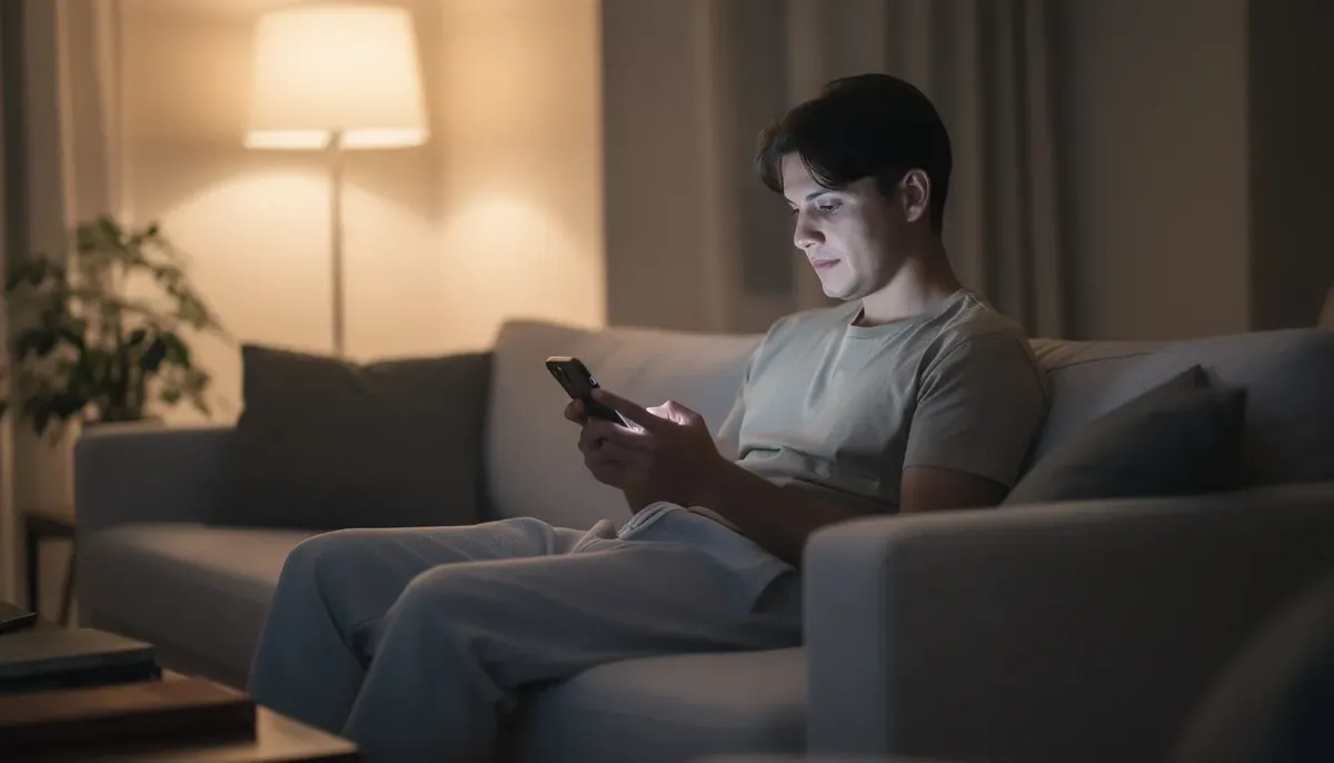 A person is relaxing at home in the warm evening light, intently looking at their mobile phone, possibly engaging with digital content that reflects their personal interests and user behavior. This scene captures the essence of user personas, illustrating how individuals interact with technology in their personal lives.