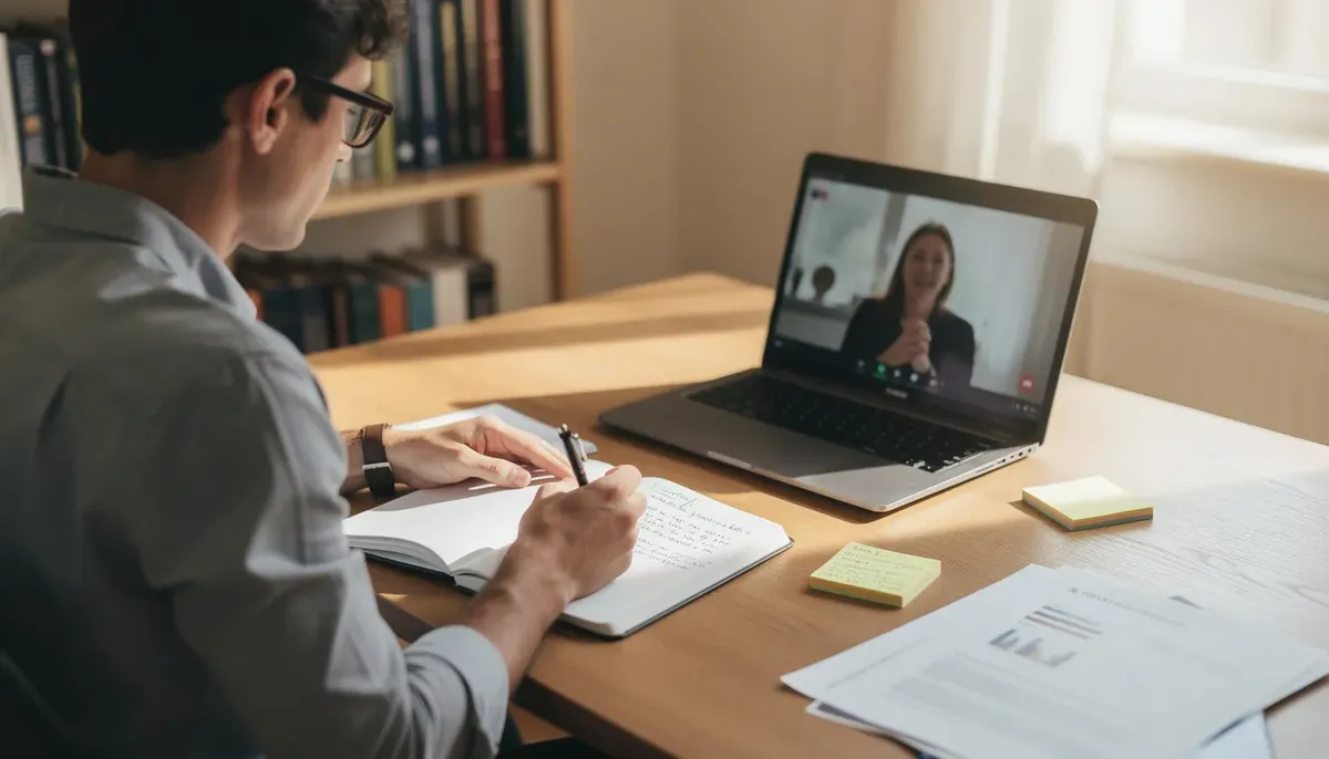 The image shows a researcher intently taking notes during a video call interview, focusing on user behaviors and motivations to create detailed user personas. This process aims to gain insights into the target audience's needs and pain points, helping to inform marketing strategies and product development.