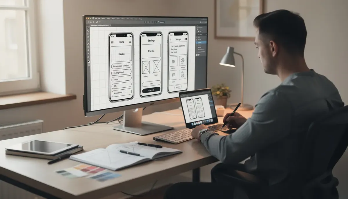A designer is focused on their computer, where wireframes are displayed on the screen, illustrating the creation of detailed user personas to gain insights into the target audience's needs and behaviors. This scene captures the essence of the design process, emphasizing the importance of user research and understanding customer motivations for effective product development.
