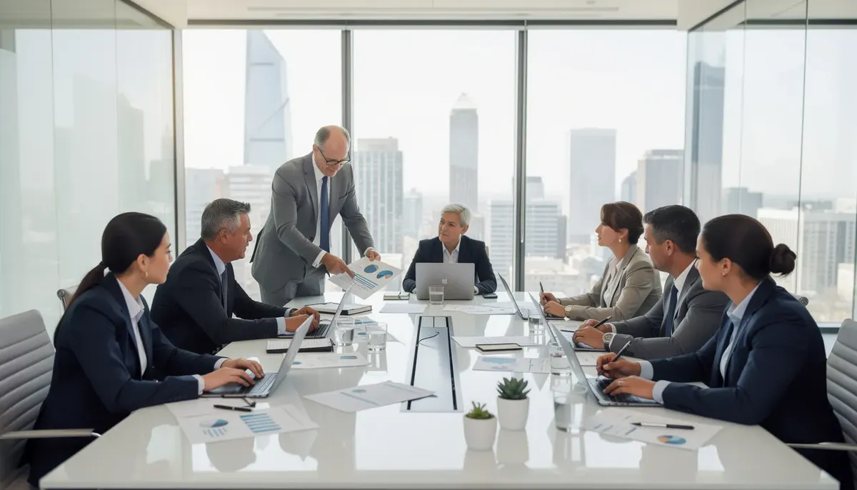 The image depicts a diverse group of business professionals collaborating around a conference table, engaged in discussions with laptops and documents spread out in front of them. This scene highlights the importance of user experience research and collaboration in the design process, as team members work together to gather valuable insights and address user needs.