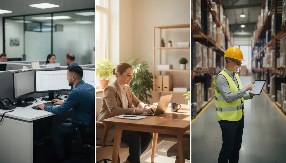 The image depicts professionals engaged in various work environments, showcasing an office cubicle, a home office, and a warehouse floor, highlighting the diversity in user experience research settings. Each environment reflects different user needs and behaviors, emphasizing the importance of conducting usability testing and gathering qualitative and quantitative data in the UX design process.