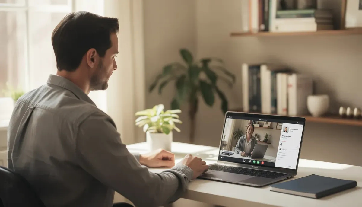 A professional is engaged in a video research interview from their home office, actively participating in user research to gather valuable insights. The setting reflects a comfortable work environment, emphasizing the importance of effective participant recruitment for successful research projects.