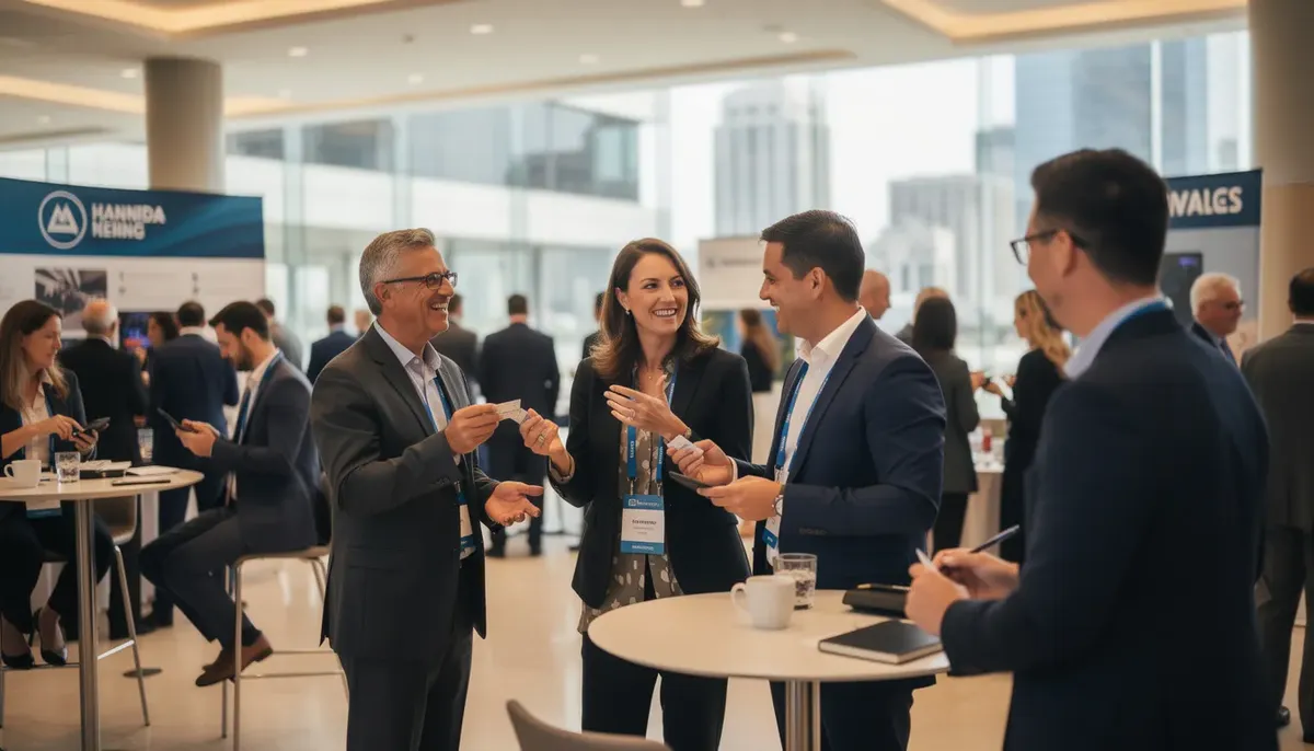 A diverse group of professionals is networking and engaging in conversations at a bustling conference, sharing valuable insights related to user experience research and participant recruitment. Attendees include ux researchers, product managers, and other stakeholders, all focused on building relationships and discussing methods for effective data collection and user feedback.