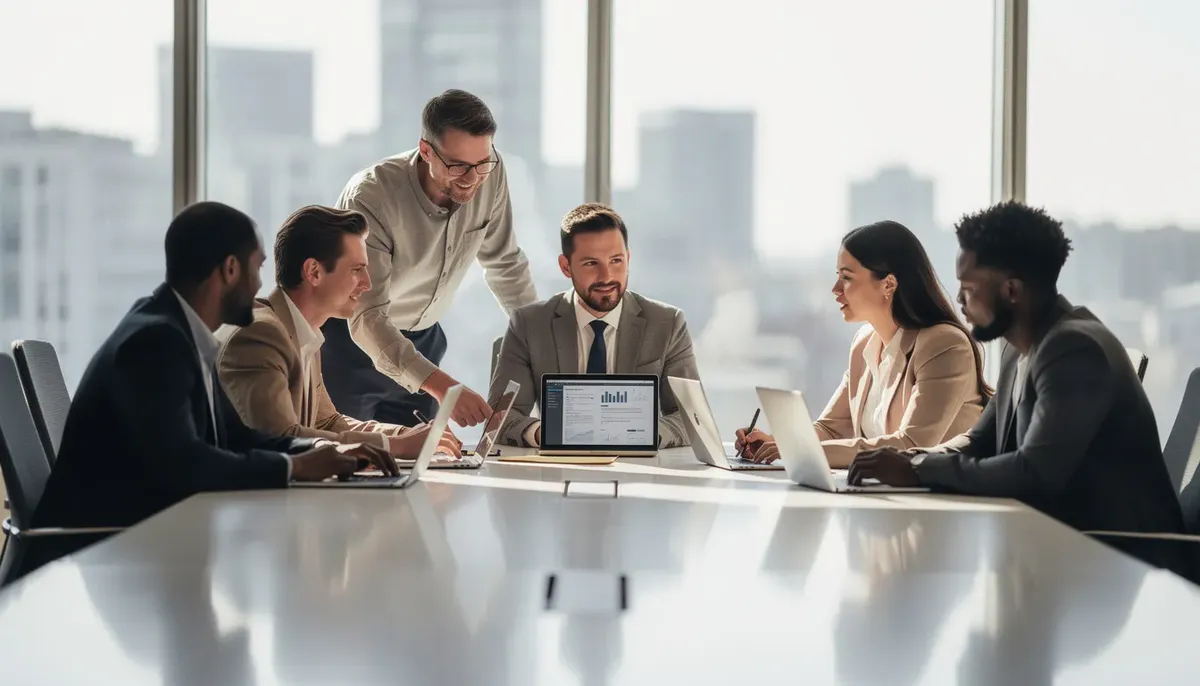 A diverse team of professionals is collaborating around a conference table, each focused on their laptops as they discuss strategies for participant recruitment in user experience research. Their engagement suggests a commitment to gathering valuable insights that will enhance the research process and improve customer feedback.